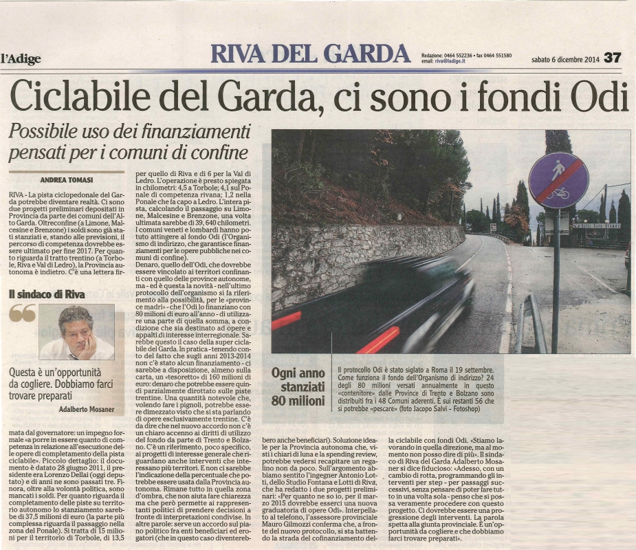 Ciclabile del Garda, ci sono i fondi Odi