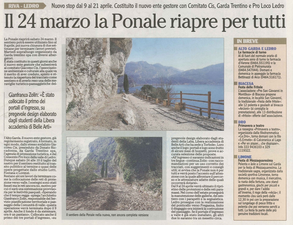 Il 24 marzo la Ponale riapre per tutti