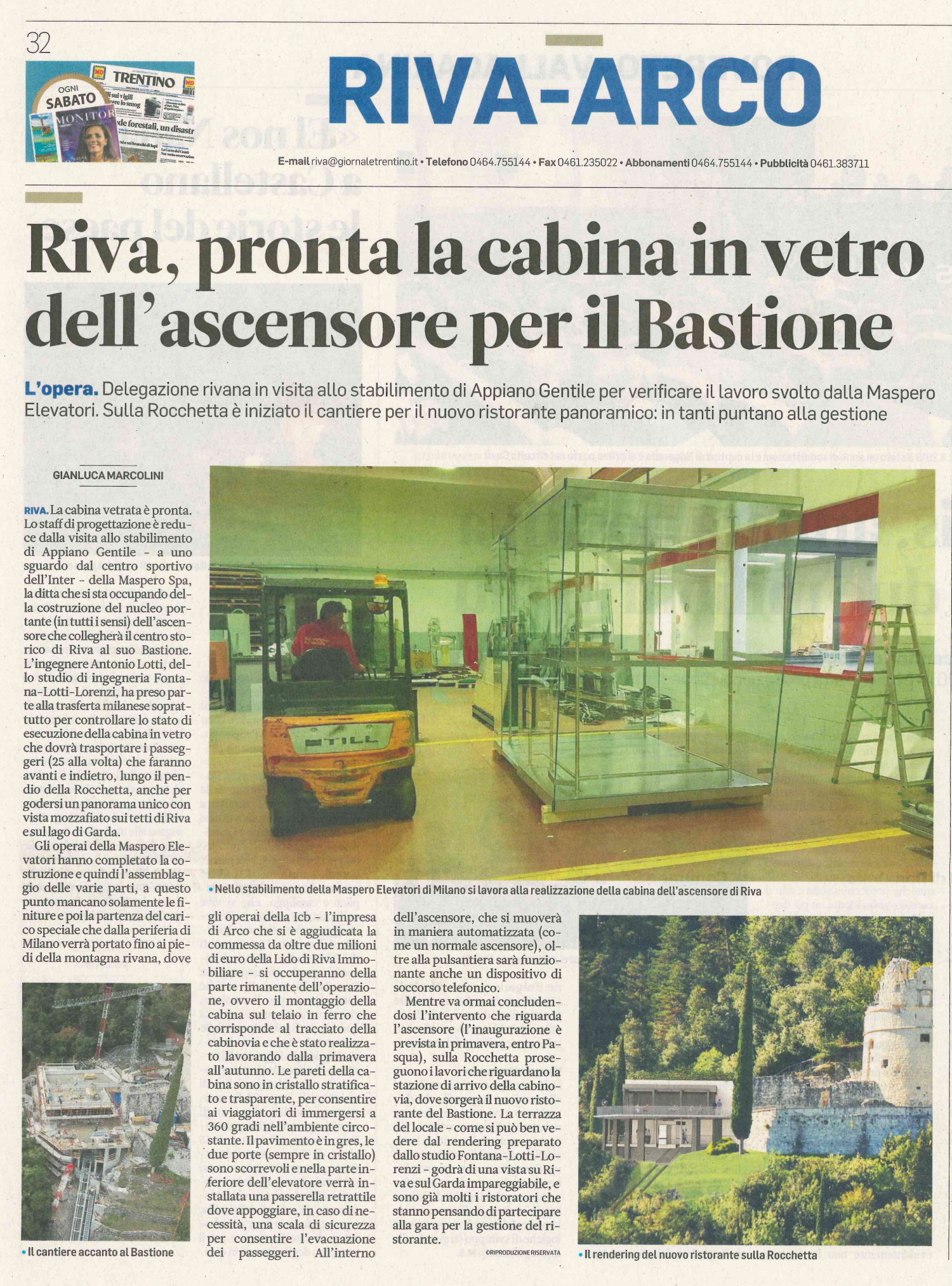 Riva, pronta la cabina in vetro dell'ascensore per il Bastione